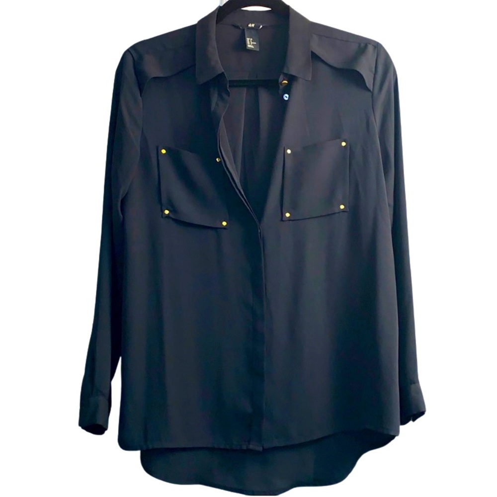 H&M Black Button Down Blouse with Gold Details